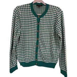 Ann Taylor Size LP Green White Gingham Cardigan Large Petite